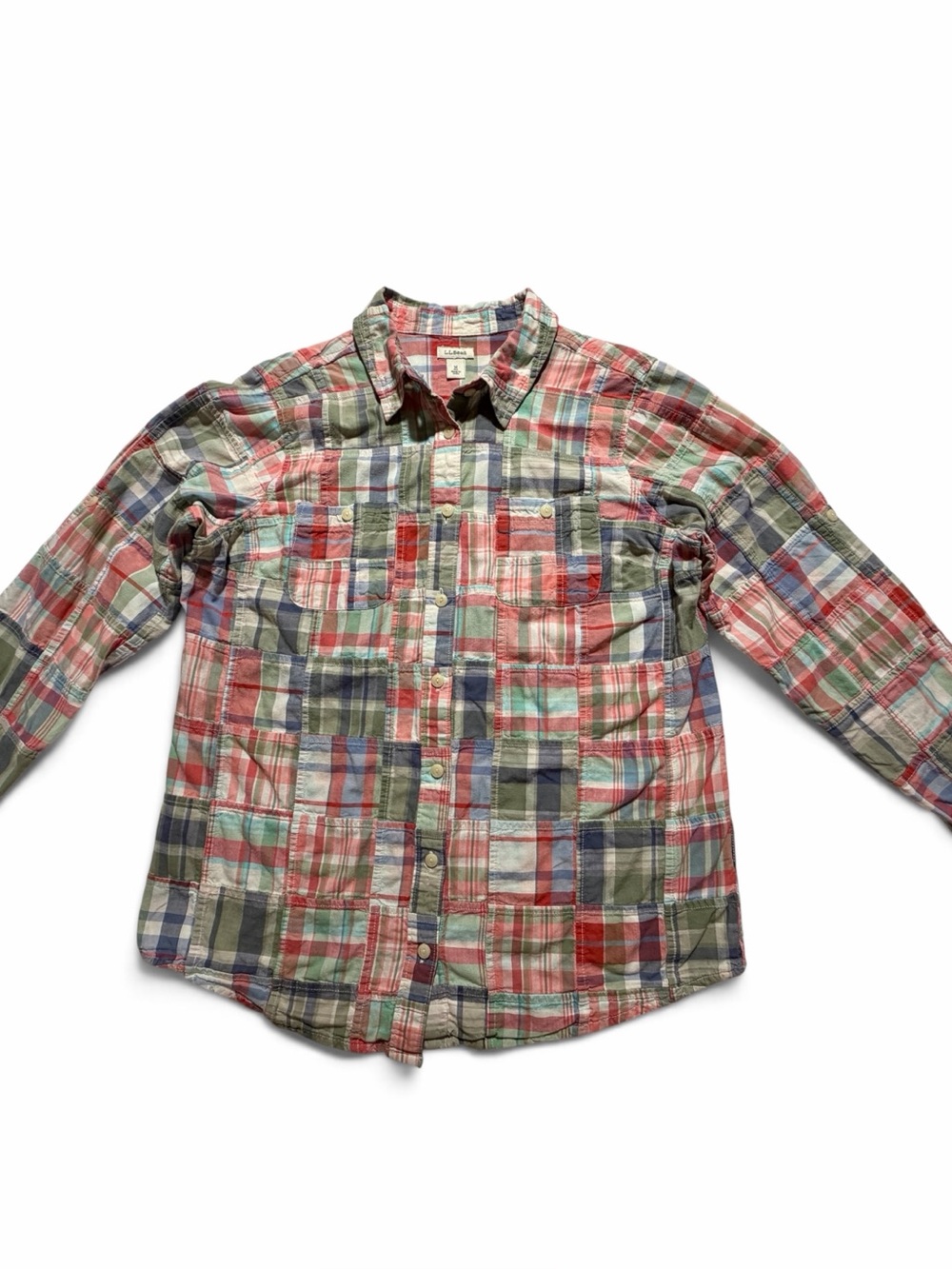 LL BeanPatchwork Madras Plaid Button Down Shirt M Medium 100% Cotton Long Sleeve